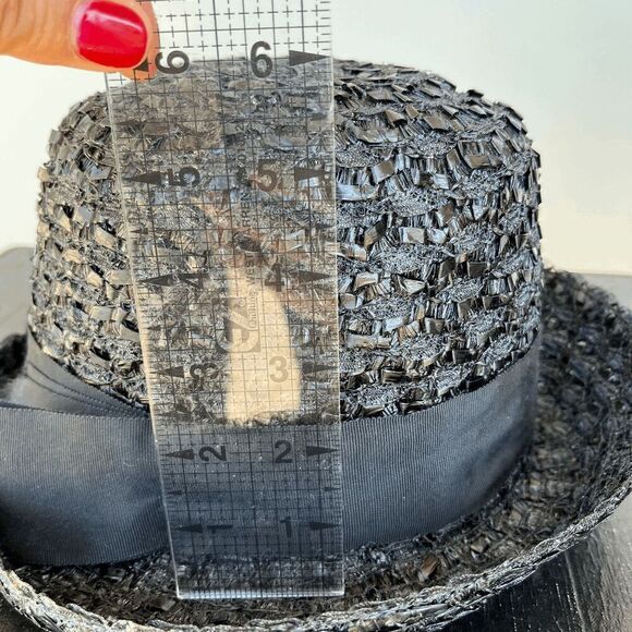 Vintage 50s Black Straw Cloche Hat • Grosgrain Bow, Up-Turn Brim - Picture 12 of 13